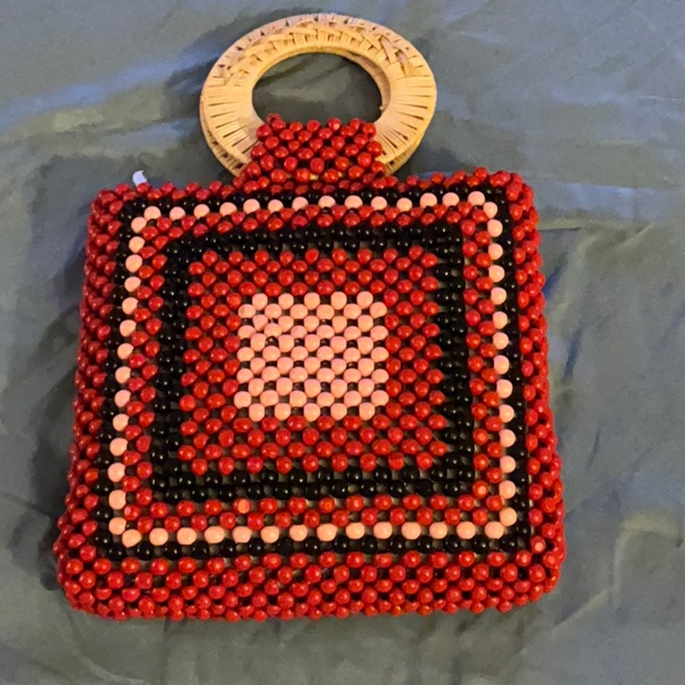 Ulla Johnson Red and Black Beaded Clutch with Wooden Handle